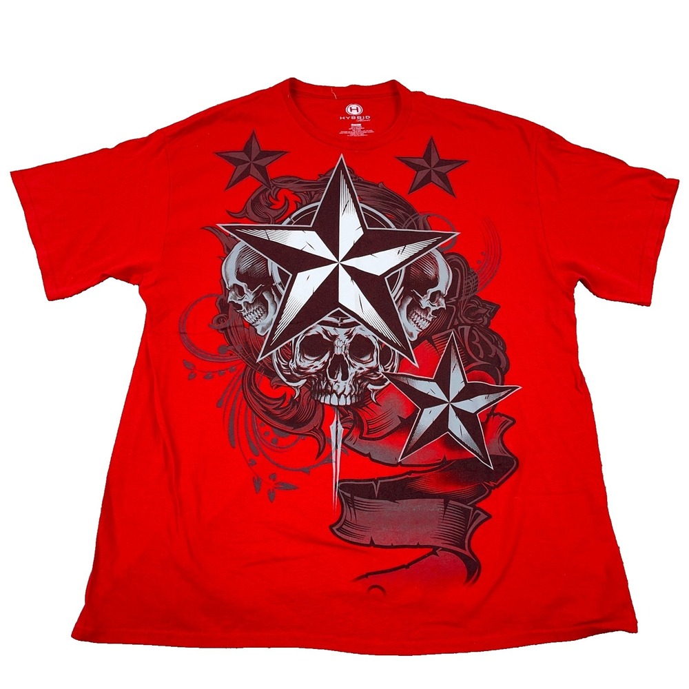 Vintage Y2K Hybird Shirt Men XL Red Skull Star Cyber Punk Tattoo MMA Adult